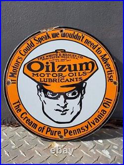 Vintage Oilzum Porcelain Sign Gas Pump Plate Motor Oil Sales Service Garage Man