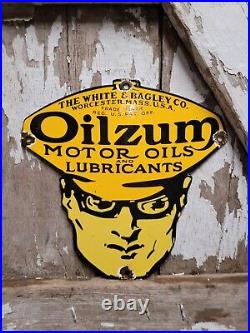 Vintage Oilzum Porcelain Sign White Bagley Lubricants Gas Motor Oil Man Service