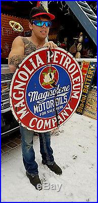 Vintage Old 30in Porcelain Magnolia Magnolene Gasoline Sign Oil Gas 2sided GR8