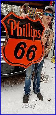 Vintage Old 30in Porcelain Phillips 66 Shield Gasoline Sign Oil Gas 2sided GR8
