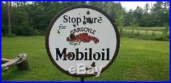 Vintage Original Mobiloil Gargoyle Lollipop Double Sided Porcelain Enamel Sign