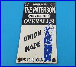 Vintage Paterson Overalls Porcelain Gas Farm Union Made General Store Pump Sign
