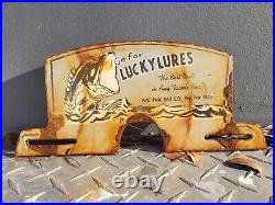 Vintage Paw Paw Bait Porcelain Sign Lucky Lures Gas Oil Fishing Tag Topper Fish