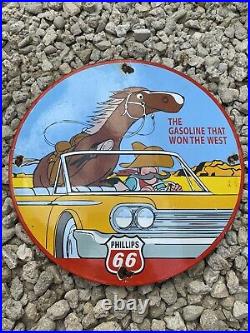 Vintage Phillips 66 Porcelain Sign Metal 12 Round Gas Motor Oil Horse Power