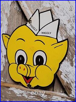 Vintage Piggly Wiggly Porcelain Sign General Store Pig Food Market Soda Gas Oil