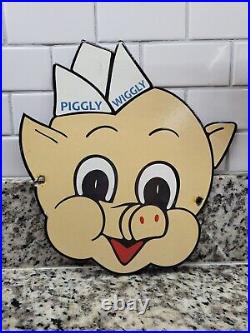 Vintage Piggly Wiggly Porcelain Sign Supermarket Food Die-cut Deli Pig Gas Oil