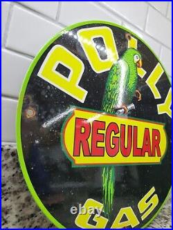 Vintage Polly Porcelain Sign Motor Oil Regular Gas Garage Parrot Pump Plate 12