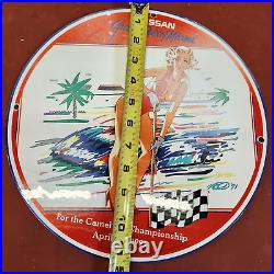 Vintage Porcelain Sign Nissan Grand Prix Of Miami Gas Oil Station Pump Plate