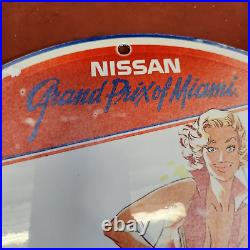 Vintage Porcelain Sign Nissan Grand Prix Of Miami Gas Oil Station Pump Plate