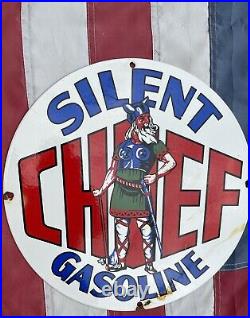 Vintage Porcelain Silent Chief Gasoline Pump Sign Oil Gas
