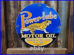 Vintage Power Lube Porcelain Sign 1949 Powerline Tiger Gas Oil Claifornia Lube