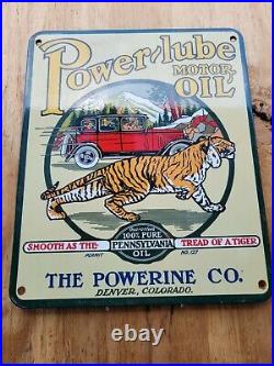 Vintage Power Lube Porcelain Sign Powerline Tiger Gas Man Cave Motor Oil Quaker