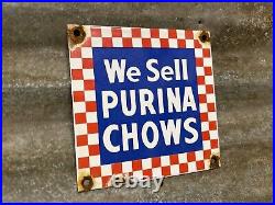 Vintage Purina Chow Porcelain Sign Dog Feed Livestock Farm Food Gas Oil Lube