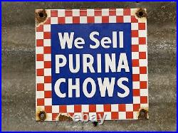 Vintage Purina Chow Porcelain Sign Dog Feed Livestock Farm Food Gas Oil Lube