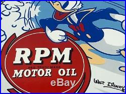 Vintage RPM Motor Oil Donald Duck Advertising Porcelain Metal Sign Dated 1940
