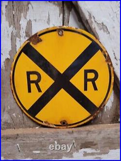 Vintage Railroad Crossing Porcelain Sign Train Railway Conductor Gas Motor Oil