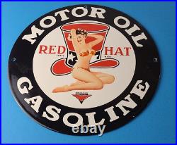 Vintage Red Hat Gasoline Sign Gas Pump Porcelain Collection Man Cave Wall Sign