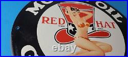 Vintage Red Hat Gasoline Sign Gas Pump Porcelain Collection Man Cave Wall Sign
