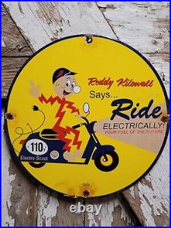 Vintage Reddy Kilowatt Porcelain Sign Electric Battery Power Scooter Oil Gas
