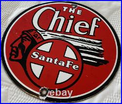 Vintage Santa Fe The Chief Porcelain Sign Gas Station Motor Oil Pump Plate Train