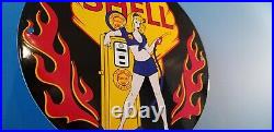 Vintage Shell Gasoline Porcelain Gas Service Station Pin Up Girl Flames Sign