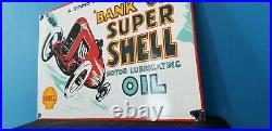 Vintage Shell Porcelain Gas Oil Bank Super Shell Service Station Pump Plate Sign