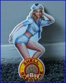 Vintage Shell Porcelain Sign Gas Oil Metal Station Door Push Girl Clam Pin Up