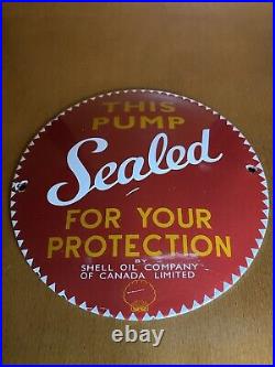 Vintage Shell Porcelain Sign Old Gas Pump Sealed Safety Plate Oil Advertising