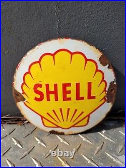 Vintage Shell Porcelain Sign Old Gasoline Gas Oil Advertising Pump Plate Cap