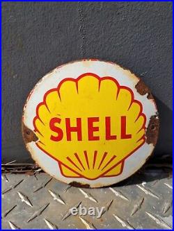 Vintage Shell Porcelain Sign Old Gasoline Gas Oil Advertising Pump Plate Cap