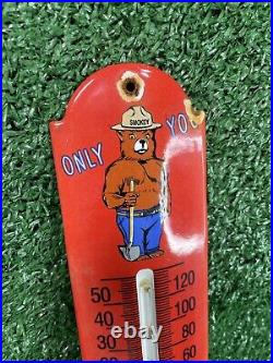 Vintage Smokey Bear Porcelain Thermometer Sign Forest Service Park Gas & Oil 12