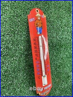 Vintage Smokey Bear Porcelain Thermometer Sign Forest Service Park Gas & Oil 12