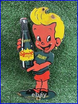 Vintage Squirt Soda Porcelain Sign Figural Boy Beverage Cola Gas Oil Service