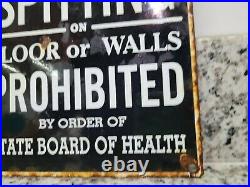 Vintage State Board Of Health Porcelain Sign Spitting Prohibited Train Gas Oil