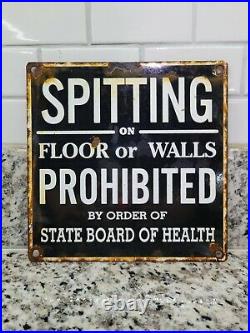 Vintage State Board Of Health Porcelain Sign Spitting Prohibited Train Gas Oil