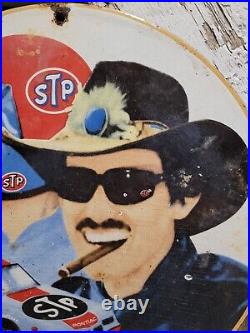 Vintage Stp Porcelain Sign Richard Petty Race Car Gas Oil 12 Round Collectable