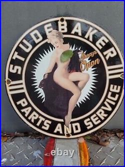 Vintage Studebaker Porcelain Sign Oil Gas Station Parts & Service Woman Garage