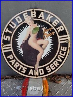 Vintage Studebaker Porcelain Sign Oil Gas Station Parts & Service Woman Garage