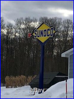 Vintage Sunoco Gas Oil Service Station Gasoline Double Sided Porcelain Pole Sign