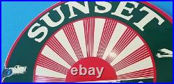 Vintage Sunset Gasoline Porcelain Oil Sunrise Service Station Pump Plate Sign