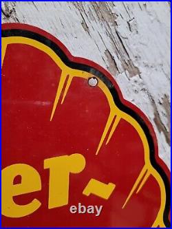 Vintage Super Shell Porcelain Sign Motor Oil Gas Station Service Pump Plate Red