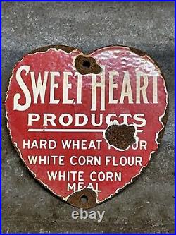 Vintage Sweetheart Porcelain Sign Grain Farming Feed Seed Corn Flour Gas Oil Red
