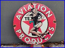 Vintage Texaco Aviation Porcelain Sign Sailor Woman Gas Airplane Oil Flying USA
