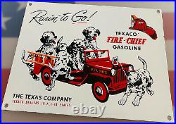 Vintage Texaco Fire-chief Gasoline Porcelain Sign 101 Dalmatians Fighter Truck