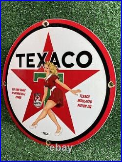 Vintage Texaco Gasoline Porcelain Sign Red Texas Star Woman Gas Oil Service