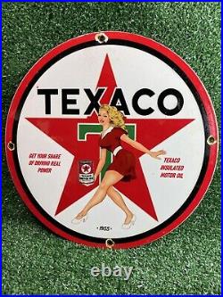 Vintage Texaco Gasoline Porcelain Sign Red Texas Star Woman Gas Oil Service