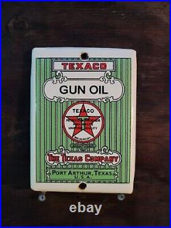 Vintage Texaco Gun Oil Porcelain Sign Firearm Gun Rifle Plaque Texas Star Gas