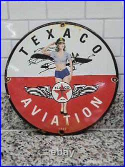 Vintage Texaco Porcelain Gas Sign American Aviation Pilot Oil Service Girl Plane