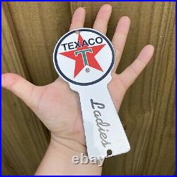 Vintage Texaco Restroom Key Plate Porcelain Metal Sign Die Cut Ladies Mens Room