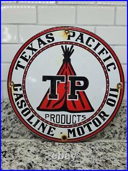 Vintage Texas Pacific Gasoline Porcelain Sign Old Gas Station Oil Service Teepee